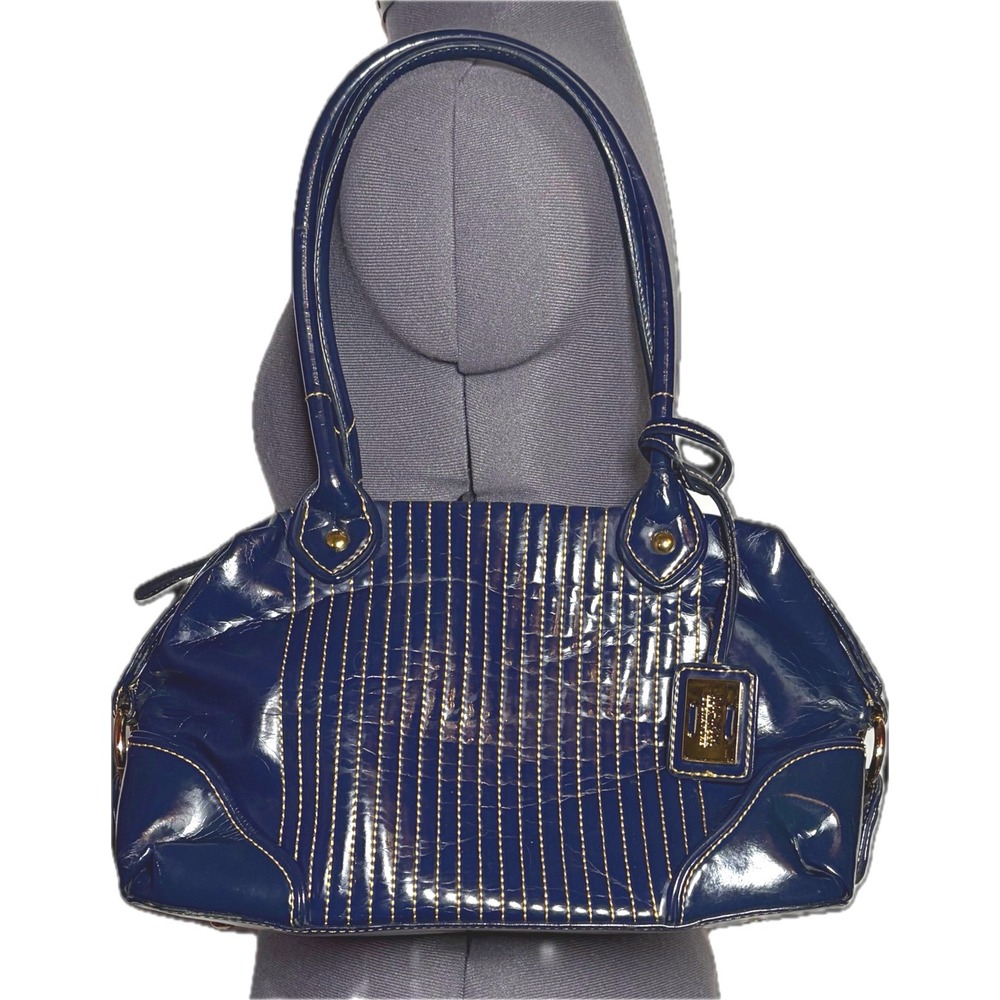 Vintage Y2K‎ Navy Yellow Stitch Patent Bowler Bag Purse MAXX New York DAMAGED